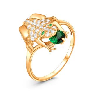 Кольцо из золочёного серебра с плавленым зелёным кварцем и фианитами - Лягушка