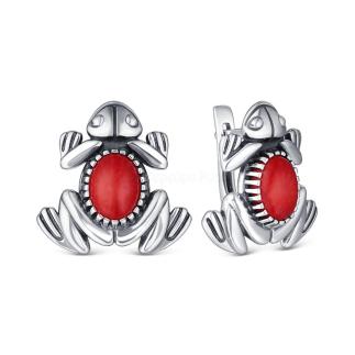 Серьги из серебра с кораллом родированное - лягушки