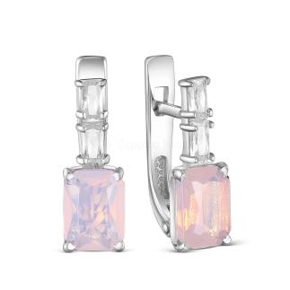 Серьги женские из серебра с плавленым кварцем цвета лунный розовый и фианитами родированные