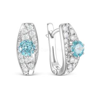 Серьги женские из серебра с голубым бриллианитом и фианитами родированные