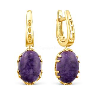 Серьги женские из золочёного серебра с натуральным чароитом(кабошон) 