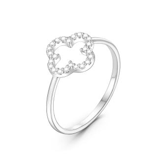 Кольцо из серебра с фианитами родированное - Клевер, четырехлистник
