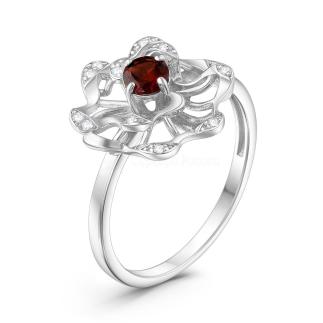 Кольцо из серебра с натуральным гранатом и фианитами родированное