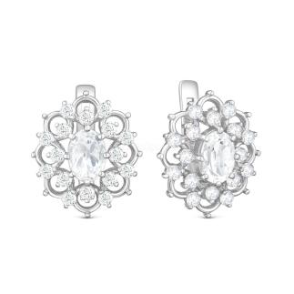 Серьги из серебра с натуральным горным хрусталём и фианитами родированные