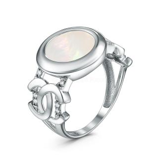 Кольцо из серебра с перламутром и фианитами родированное