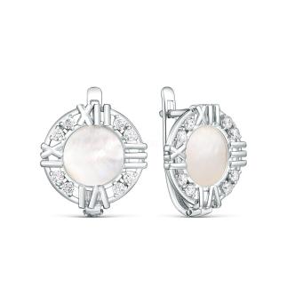 Серьги из серебра с перламутром и фианитами родированные