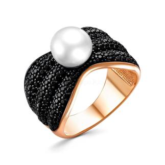Кольцо из золочёного серебра с культивированным белым жемчугом, чёрной шпинелью и родированием