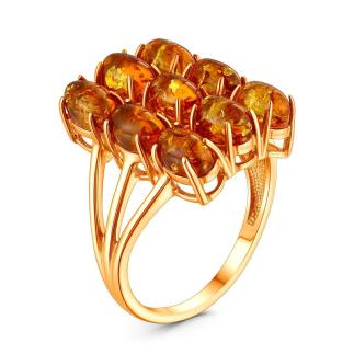 Кольцо из золочёного серебра с коньячным янтарём и фианитами