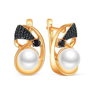 Серьги из золочёного серебра с культивированным жемчугом, чёрной шпинелью и родированием