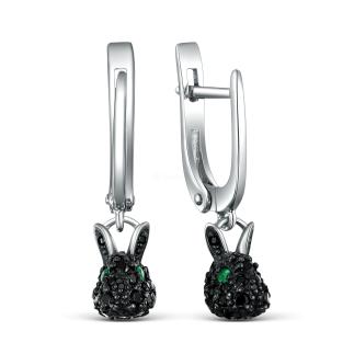 Серьги из серебра с зелёным агатом и чёрной шпинелью родированные - Кролики
