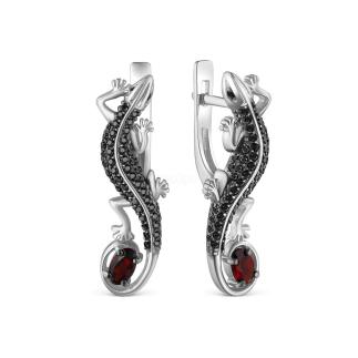 Серьги из серебра с натуральным гранатом и натуральной шпинелью родированные - Ящерицы