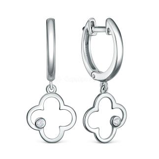 Серьги из серебра с фианитами родированные - Клеверы, четырёхлистники