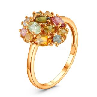 Кольцо из золочёного серебра с турмалином мульти
