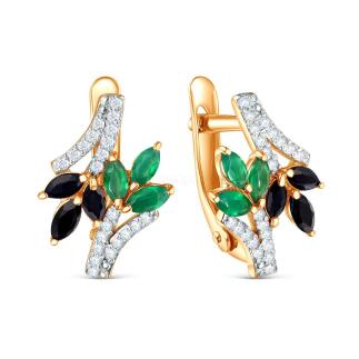 Серьги из золочёного серебра с сапфиром, агатом, фианитами и родированием