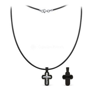 Колье с крестом из дерева граб на текстильном вощёном шнурке с элементом из родированного серебра - Распятие, 2 см
