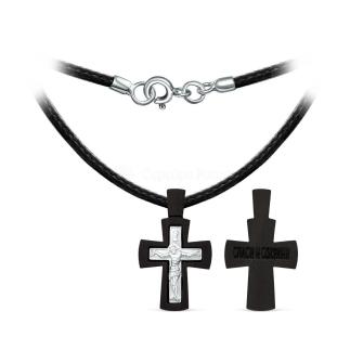 Колье с крестом из дерева граб на текстильном вощёном шнурке с элементом из родированного серебра - Распятие, 2 см