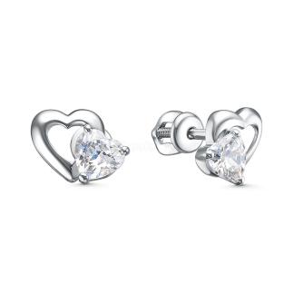 Серьги-пусеты из серебра с фианитами родированные - Сердца