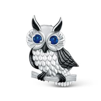 Брошь из серебра с синими фианитами родированная - Сова