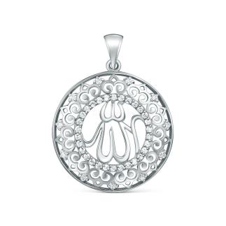 Подвеска мусульманская из серебра с фианитами родированная - Аллах велик