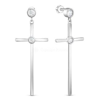 Серьги-пусеты длинные из серебра с фианитами родированные - Кресты