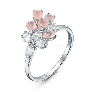 Кольцо из серебра с розовым агатом и фианитами родированное