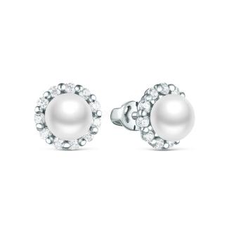 Серьги-пусеты из серебра с культивированным жемчугом и фианитами родированные