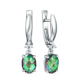 Серьги из серебра с плавленым кварцем цвета мистик и фианитами родированные