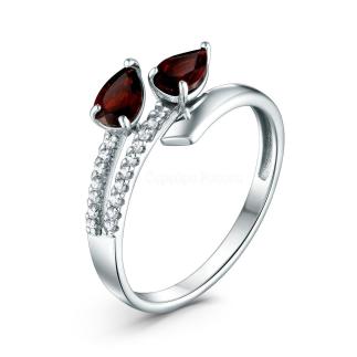 Кольцо из серебра с натуральным гранатом и фианитами родированное
