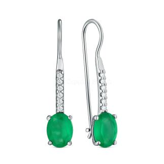 Серьги из серебра с зелёным агатом и фианитами родированные