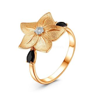 Кольцо из золочёного серебра с бриллиантом, чёрной шпинелью и родированием