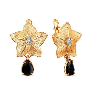 Серьги из золочёного серебра с бриллиантами, чёрной шпинелью и родированием