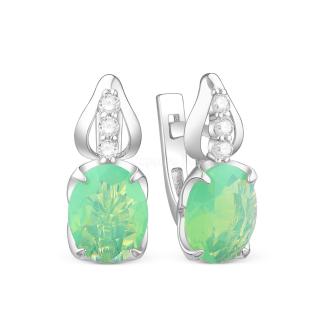 Серьги из серебра с плавленым кварцем цвета лунный мятный и фианитами родированные