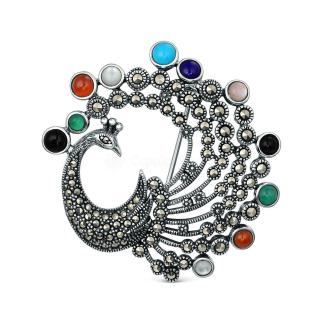 Брошь-кулон из чернёного серебра с перламутром, синтетическими ониксом, агатом, лазуритом, бирюзой, сердоликом и марказитами - Павлин