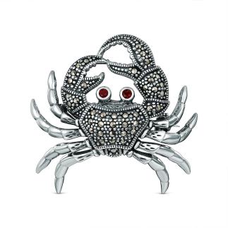 Брошь из чернёного серебра с гранатом и марказитами - Краб