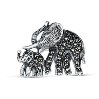 Брошь-кулон из чернёного серебра с марказитами - Слоны