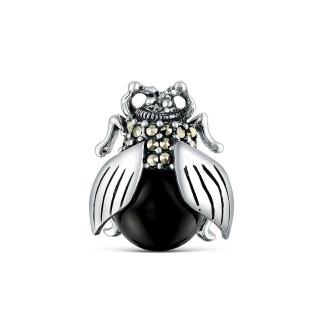 Брошь из чернёного серебра с чёрным ониксом и марказитами - Жук

