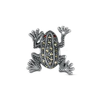 Брошь из чернёного серебра с кубическим цирконием и марказитами - Лягушка