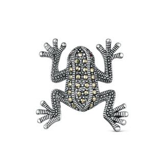 Брошь из чернёного серебра с кубическим цирконием и марказитами - Лягушка