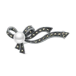 Брошь из чернёного серебра с культивированным жемчугом и марказитами - Бант