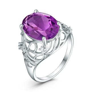 Кольцо из серебра с натуральным аметистом и кубическим цирконием родированное