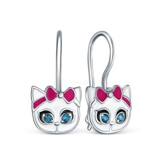 Серьги детские из серебра с эмалью и фианитами родированные - Кошки
