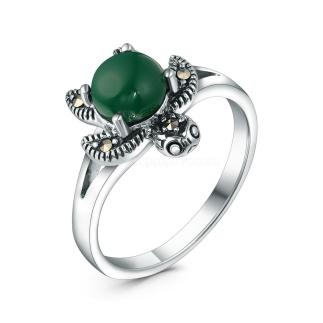 Кольцо черепаха из чернёного серебра с синтетическим агатом и марказитами