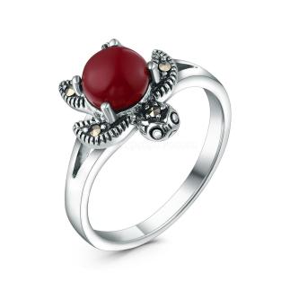 Кольцо черепаха из чернёного серебра с синтетическим агатом и марказитами