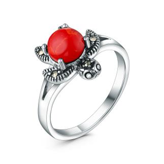 Кольцо черепаха из чернёного серебра с имитированным кораллом и марказитами