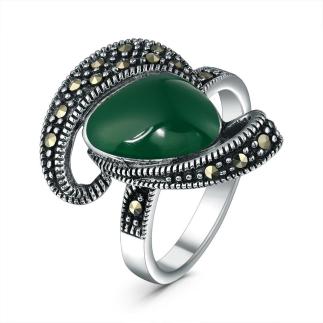 Кольцо из чернёного серебра с синтетическим агатом и марказитами