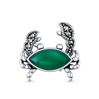 Брошь-подвеска из чернёного серебра с зелёным агатом и марказитами - Краб