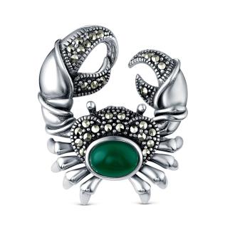 Брошь из чернёного серебра с  зелёным агатом и марказитами - Краб