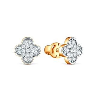 Серьги-пусеты из золочёного серебра с фианитами и родированием - Клевер, четырёхлистник