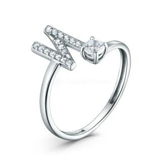 Кольцо из серебра с фианитами родированное - буква 