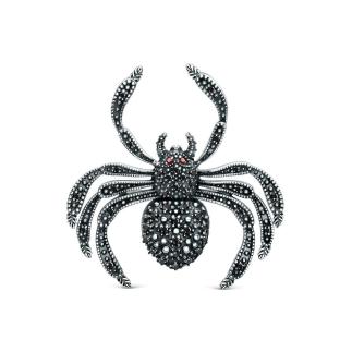Брошь из родированного серебра с чёрными и красными фианитами - Паук